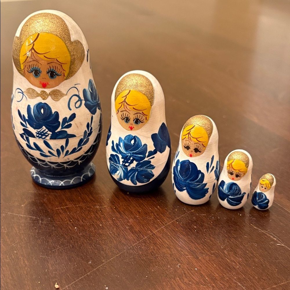 Hand-Painted Blue and Gold Nesting Dolls
